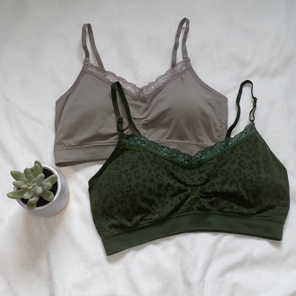 Coobie Green Leopard and Taupe Lace Trim Bralette Bundle